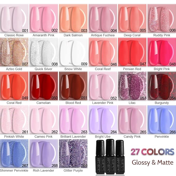 LAVENDR VIOLETS 48pcs Gel Nail Polish Starter Kit with U V Light, Nail Wraps,54W LED Nail Dryer 27 Colors Red Pink Purple Soak Off No Wipe Base and Glossy Matte Top Coat Nail Gel Kit Q979
