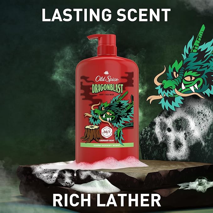 Old Spice Cleansing Body Wash for Men, 3X Defense, 24/7 Shower Fresh with Lasting Scent, 2-in-1 Body & Face Wash, Dragonblast Scent, 33.4 (Pack of 4)