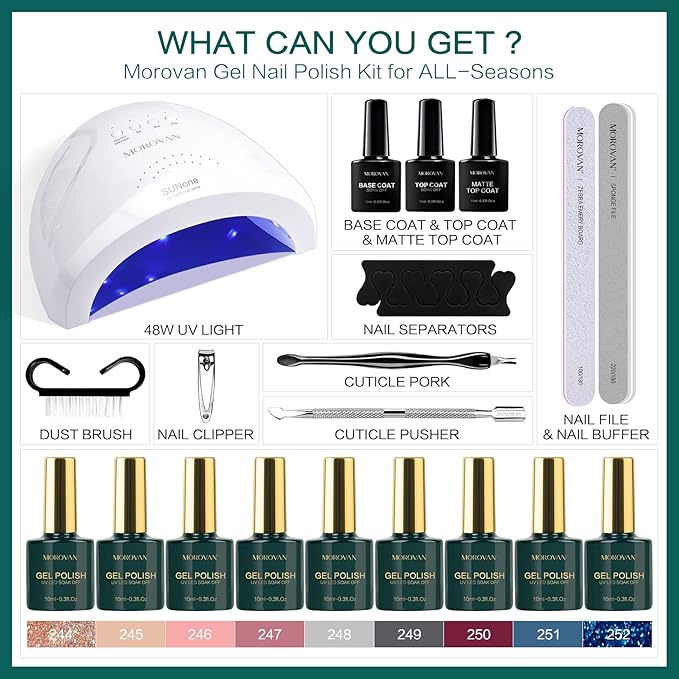 Morovan Gel Nail Polish Kit: with U V Light 9 Colors Gel Nail Polish Set Pink Nude Blue Glitter Gel Polish Nail Art Decorations Manicure Tools DIY Salon Home Gifts