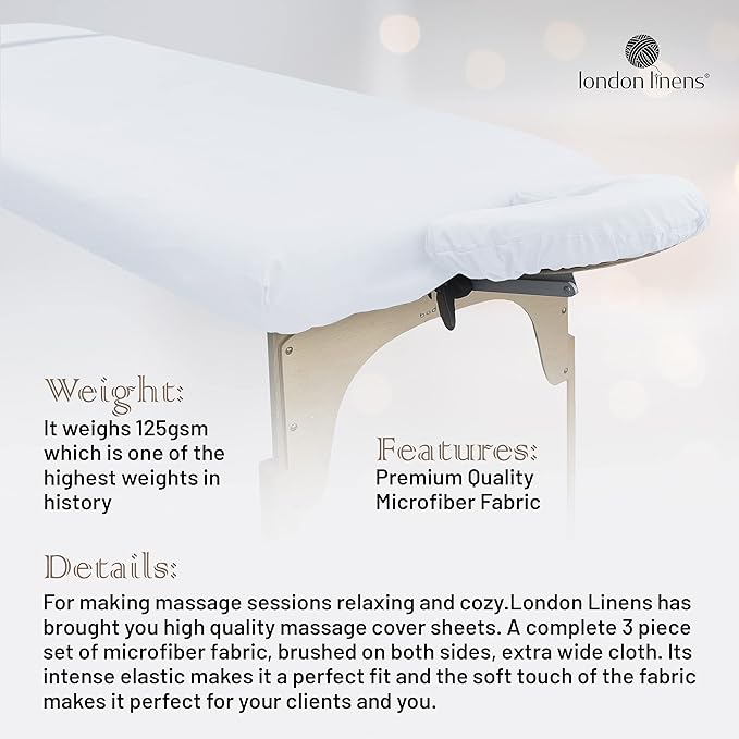 LONDON LINENS Soft Microfiber Massage Table Sheets Set 3 Piece Set - Includes Massage Table Cover, Massage Fitted Sheet, and Massage Face Rest Cover (White)