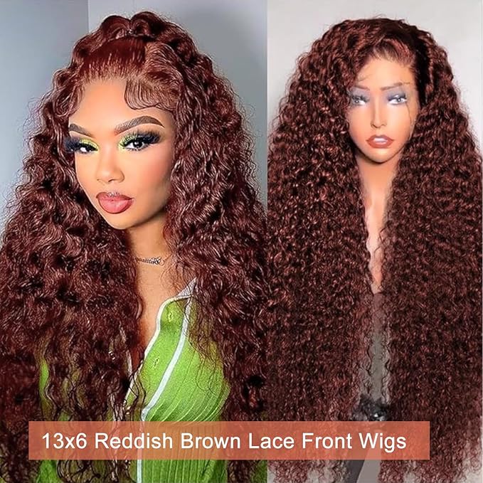 34 Inch Reddish Brown Lace Front Wigs Human Hair 13x6 Reddish Brown Curly Lace Front Wig 180 Density 33# Deep Wave HD Lace Frontal Wigs Human Hair Pre Plucked for Women Auburn Colored Human Hair wig