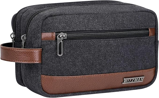 WITZMAN Canvas Toiletry Bag for Men Hanging Dopp Kit Organizer Water-resistant Travel Toiletries bag Men Bathroom Bag with Wet Pocket(A8001 Classics Black)