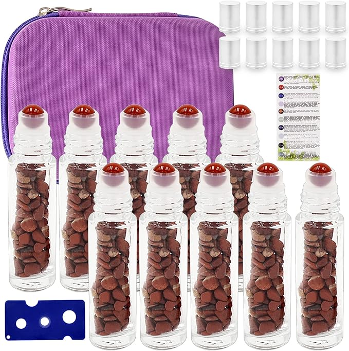 Essential Oil Roller Bottle 10ml w EVA Carrying Travel Case（Clear Glass Bottle with silver Cap、10pack、Gemstone Roller Balls、Healing Crystal Chips Inside、Opener)Gemstone Roller Ball Bottles