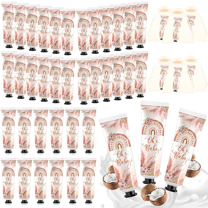 48 Sets Baby Shower Hand Cream Bulk Bohemia Baby Shower Favors Bridal Thank You Hand Cream for Guests Travel Size Lotion with Organza Bags