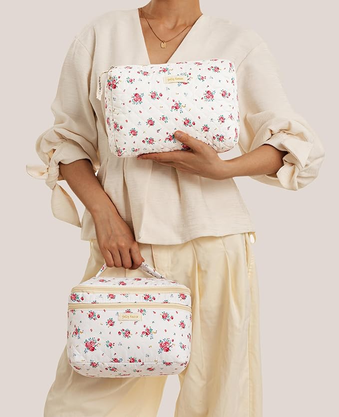 HBselect 2Pcs Travel Makeup Bag, Large Cotton Quilted Makeup Bag Cosmetic Bag Cute Make up Bag Toiletry Bags for Women Girls