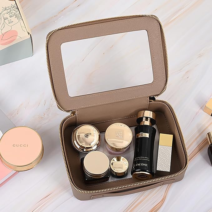 Aveniee Clear Makeup Bag for Women, Heavy Duty Make up Bag Organizer with Clear Windows & Gold Zippers (Taupe)