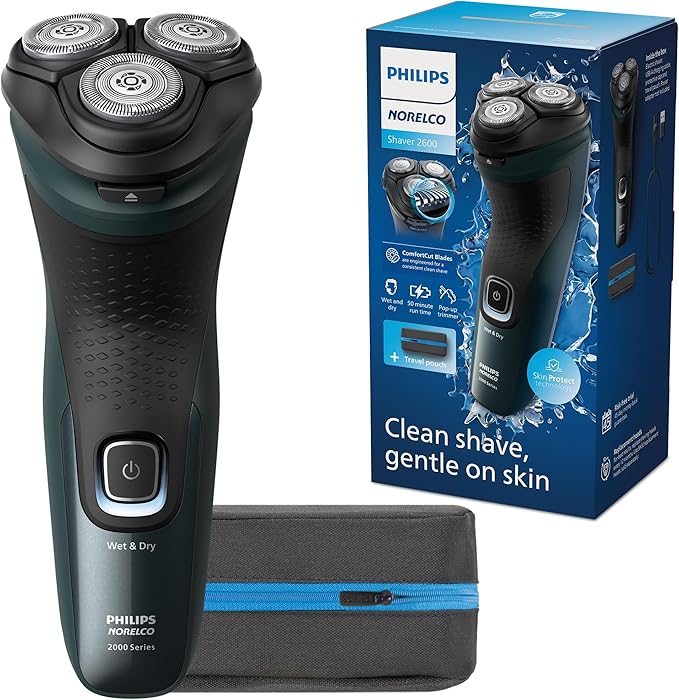 Philips Norelco Shaver 2600 Series, Wet and Dry Electric Shaver, Pop-up Trimmer, P-Cap, Travel Pouch, Dark Forest Green, Model X3052/91