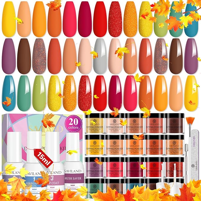 SAVILAND Dip Powder Nail Kit Starter, Orange Brown Glitter, 20 Fall Dipping Powder Colors Set with Base Top Coat Activator French Halloween Nail Art Liquid Manicure DIY Salon Home Gifts for Women
