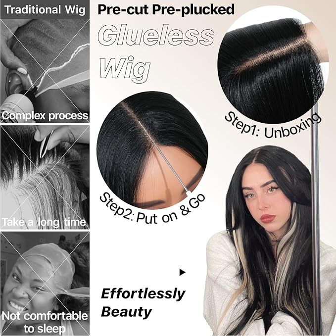Black Blond Skunk Stripe Wear and Go Glueless Wigs Pre Plucked Pre Cut for Beginners Synthetic Lace Front Wigs With Bangs Long Straight layered Wigs Highlights 26 Inch 3 Seconds to Wear