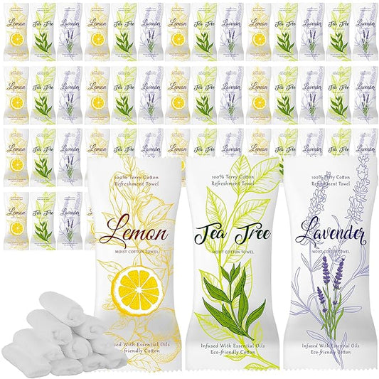 240 Pcs Moist Cotton Towel Moist Towelettes Individually Wrapped Scent Disposable Face Towel 8.6'' x 8.6'' Hot/Cold Moistened Cleansing Wipes, Lemon Tea Tree and Lavender Scent (White)