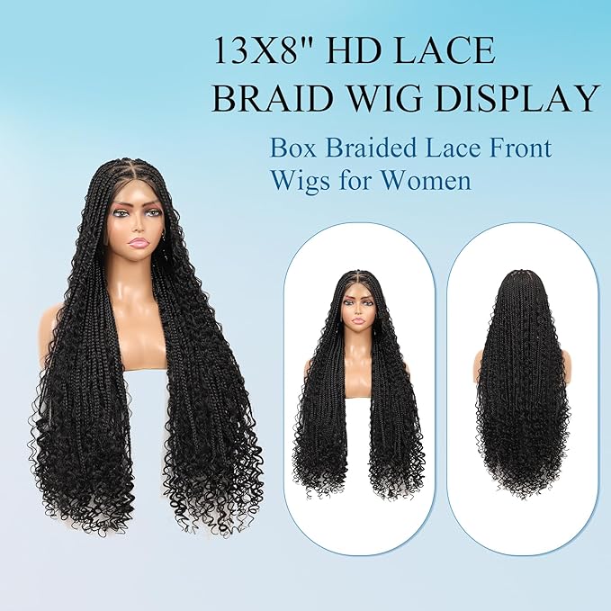 13x8'' HD Lace Front Boho Braided Wigs for Black Women Knotless Box Braid Wig Human Hair Blended Braided Lace Front Wig with Baby Hair Long Black 36 Inch