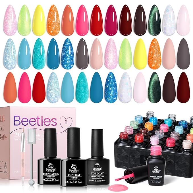 Beetles Gel Nail Polish Set - 20 Colors Summer Gel Polish Pink Blue Green Yellow Pearl Color Gel with Base Glossy & Matte Top Coat Uv DIY Salon Manicure Kit Beach Bash Neon Nails Gift for Women