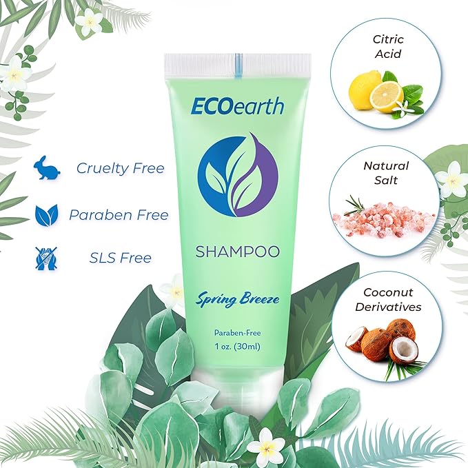 EcoEarth Hotel Toiletries Bundle (Spring Breeze, 1 oz Each, 250 Pieces) 5-Piece Set: 50 Each Round Bar Soap, Shampoo, Conditioner, Body Lotion & Body Wash - Bulk Mini Guest Amenities