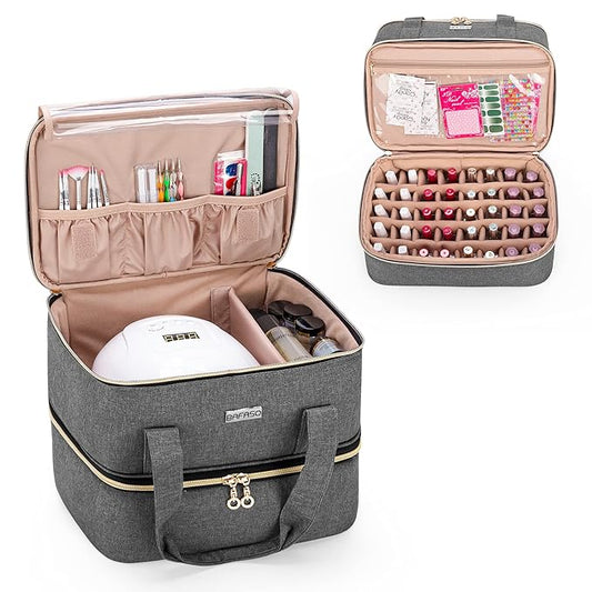 BAFASO Nail Polish Organizer Holds 40 Bottles (15ml - 0.5 fl.oz) and a Nail Lamp, Nail Polish Carrying Case with Manicure Tools Storage Sections (Bag Only), Gray