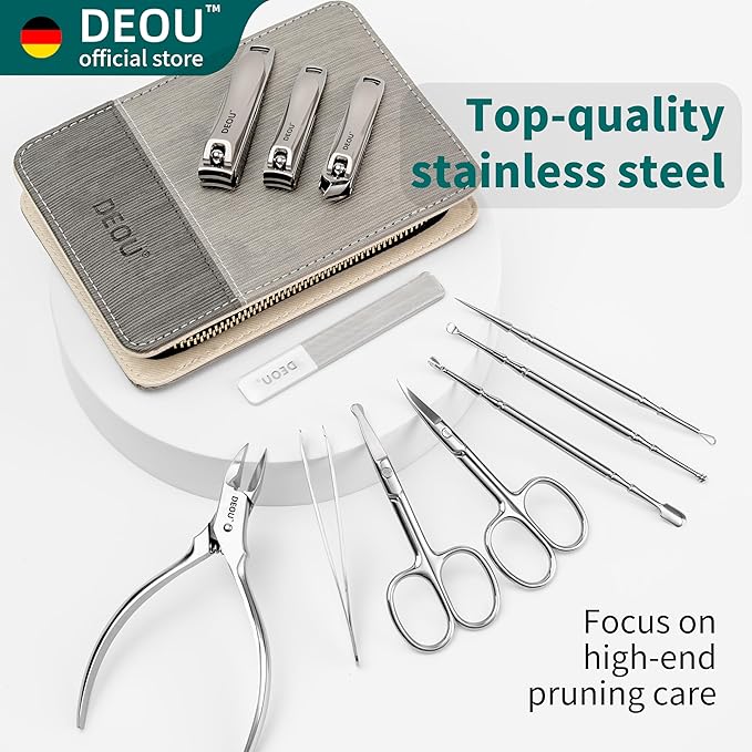 DEOU Manicure Sets Nail Clippers Stainless Steel Manicure and Pedicure kit Girls Professional Nail Files and Men's Grooming Scissors Tools for Home Personal Care or Gifts (Gray)