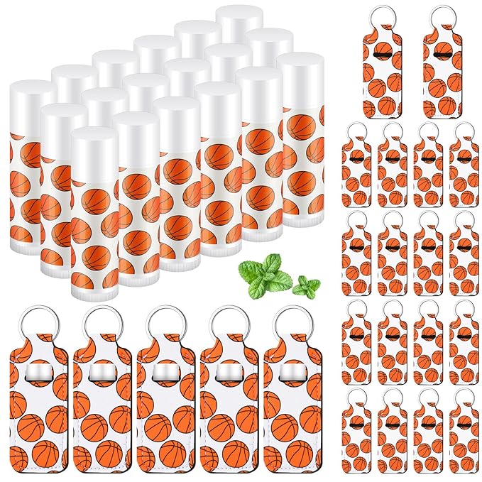 18 Sets Party Favors Lip Balm and Lipstick Holder Keychain Bulk Sport Ball Team Gifts Natural Moisturizing Lip Balm Keychains Pouch for Team Gifts Sports Party Supplies(Basketball)