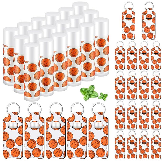 18 Sets Party Favors Lip Balm and Lipstick Holder Keychain Bulk Sport Ball Team Gifts Natural Moisturizing Lip Balm Keychains Pouch for Team Gifts Sports Party Supplies(Basketball)