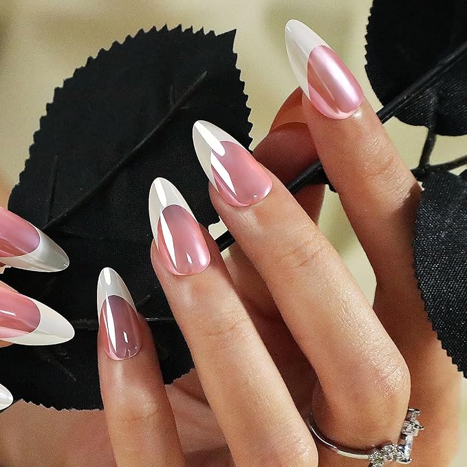 Almond Press On Nails - Medium, Mirror White Sheen French Tip, 300 PCS in 15 Sizes, 2 Colors, Chrome Glazed Glue On Nails for Daily Use and Gifts