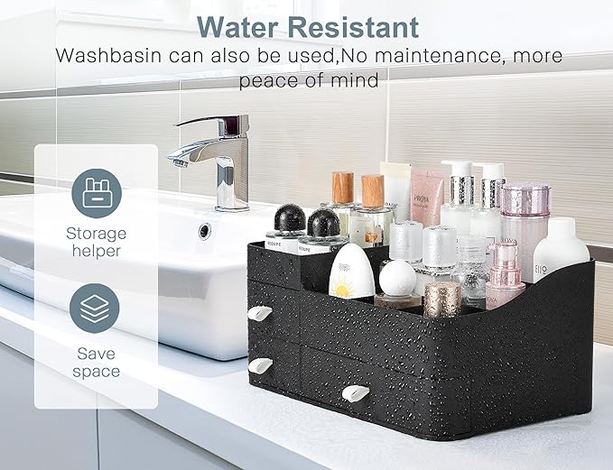 ONXE Makeup Organizer With Drawers,Large Countertop Storage for Cosmetics Elegant Vanity Holder for Brushes, Eyeshadow, Lotions, Lipstick, Nail Polish and Jewelry (black)