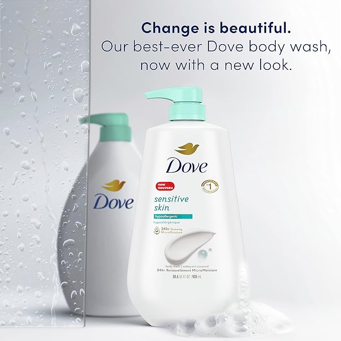 Dove Body Wash With Pump Sensitive Skin 3 Count Hypoallergenic, Paraben-Free, Sulfate-Free, Cruelty-Free, Moisturizing Skin Cleanser Effectively Washes Away Bacteria While Nourishing Skin 30.6 oz