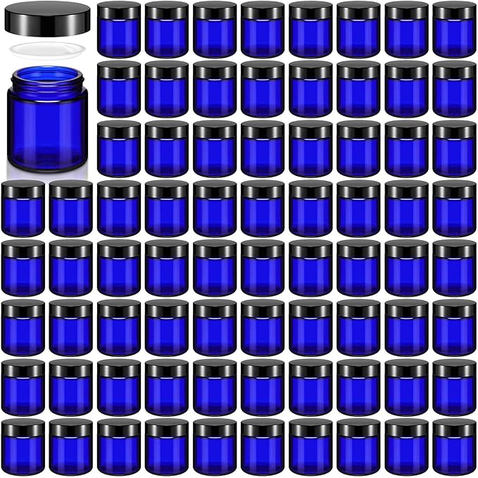 Norme 96 Pcs 4 oz Glass Jars with Lids Leakproof Round Airtight Empty Cosmetic Jars with Inner Liners Lid for Storing Lotions Powder Ointments Candle Making(Black, Blue)