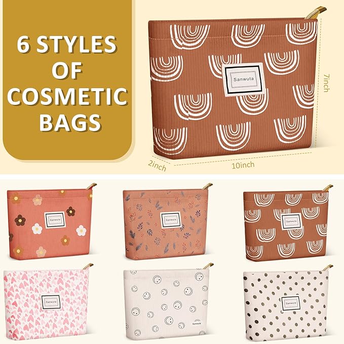 Sanwuta 6 Pcs Velvet Makeup Bag Large Capacity Corduroy Cosmetic Bag pattern Canvas Makeup Pouch with Zipper Travel Toiletry Accessories Organizer for Women Girls Gifts, 10 x 7 Inch(Assorted)