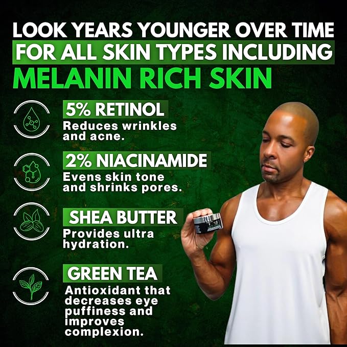 Premium Black Men Skincare - Organic - Small Sample Jar - Retinol Cream for Face - Look Younger - Shea Butter - Anti Aging Face Cream - Hydrating - Green Tea - Black Owned (0.18 oz)