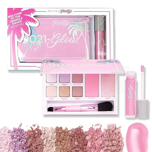 Petite N Pretty Everyday At First Glow Makeup Set for Kids, Teens, & Tweens - Natural 3-in-1 Makeup Palette of Blush, Eyeshadow, and Highlighter & 10k Shine Lip Gloss (Gia Pink)