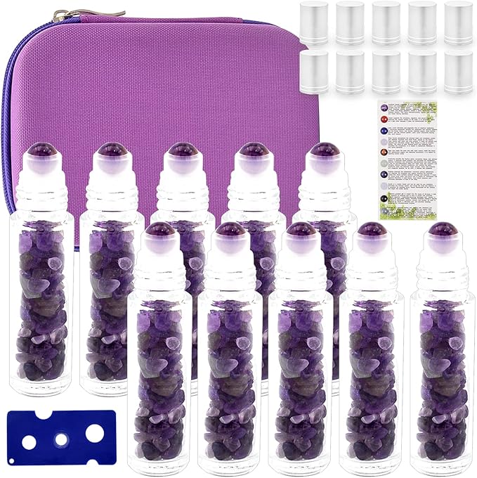 Essential Oil Roller Bottle 10ml w EVA Carrying Travel Case（Clear Glass Bottle with silver Cap、10pack、Gemstone Roller Balls、Healing Crystal Chips Inside、Opener)Gemstone Roller Ball Bottles