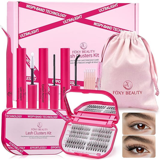 Lash Clusters Kit with Bond and Seal Lash Clusters Left &Right Lash Extension Kit with Eyelid Wipes Remover Eyelash Brush Eyelash Extension Kit Gift Set with Drawstring Bag Portable Lash Starter