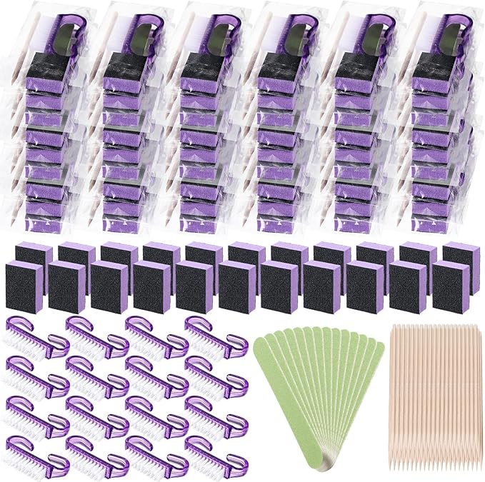 100 Sets Professional Disposable Manicure Kit Basics 4 Piece Nail Kit Wood Nail File 100/180 Grit, Mini Buffer 80/100 Grit, Wood Stick and Handle Grip Brush Gifts(Purple)