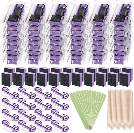100 Sets Professional Disposable Manicure Kit Basics 4 Piece Nail Kit Wood Nail File 100/180 Grit, Mini Buffer 80/100 Grit, Wood Stick and Handle Grip Brush Gifts(Purple)