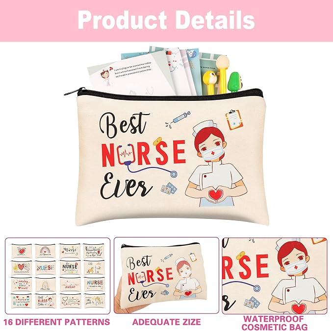 Kolewo4ever 16 Pieces Nurse Survival Kit Nurse Practitioner Gifts Nurse Appreciation Gifts Nurses Week Gifts Nursing Makeup Bags Cosmetic Funny Travel Pouch Bag for Women Nurses