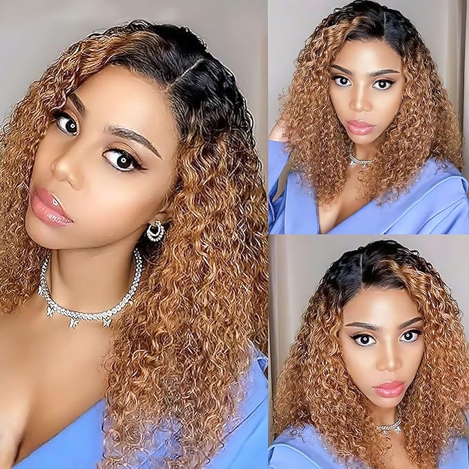1B/30 Wear and Go Bob Wig Human Hair Deep Wave Ombre Lace Front Wigs Human Hair 5x5 Lace Wigs Glueless Wigs Human Hair Pre Cut Curly Wig Human Bob Hair 180% Density with Black Roots 12 Inch
