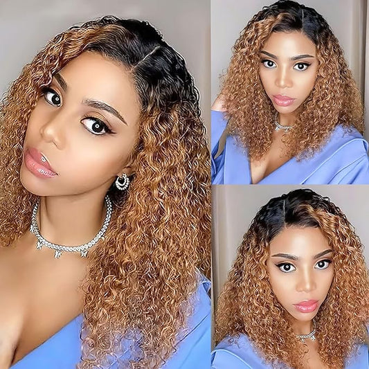 1B/30 Wear and Go Bob Wig Human Hair Deep Wave Ombre Lace Front Wigs Human Hair 5x5 Lace Wigs Glueless Wigs Human Hair Pre Cut Curly Wig Human Bob Hair 180% Density with Black Roots 12 Inch