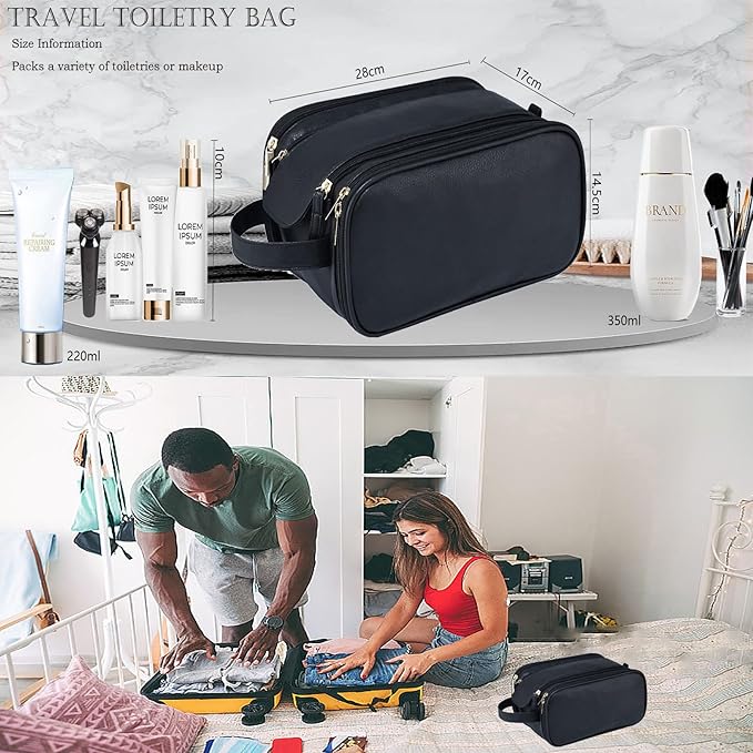 Travel Toiletry Bag for Women PU Leather Triple-layer Double Zipper Toiletry Bags,Waterproof with Handle Mens Toiletry Bag Stowable Brushes, Toiletries Makeup for Business Trips Camping Bathroom Black