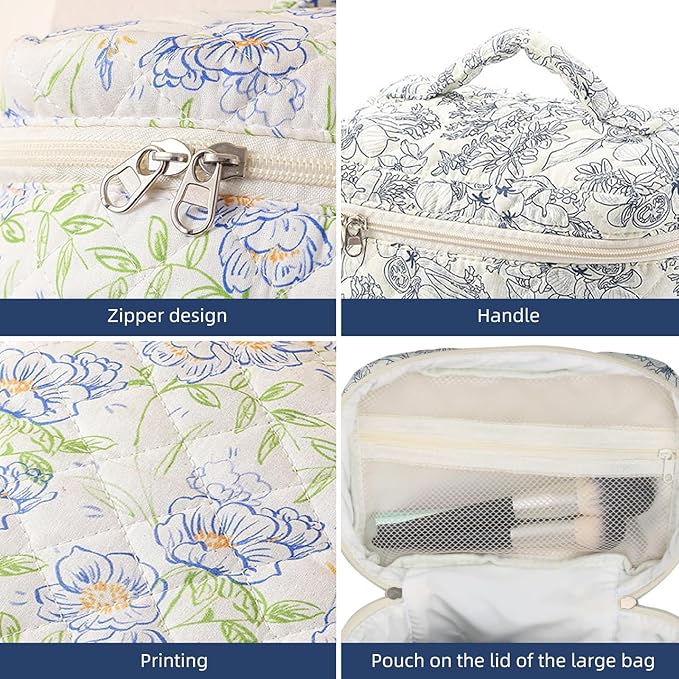 Quilted Floral Makeup Bag 3PCS, Cute Cotton Coquette Aesthetic Travel Toiletry Bag, Zipper Cosmetic Pouch, Daily Travel Use Skincare Bag, Large Capacity (Powder Blue Botanical)