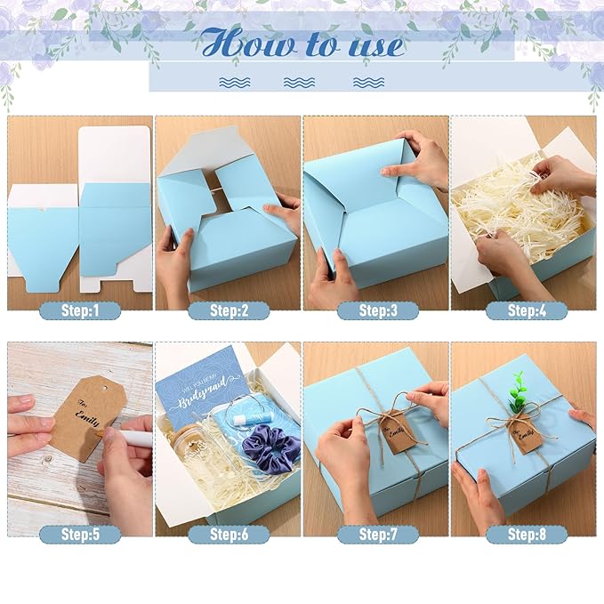 54 Pcs Bridesmaid Proposal Gifts Bridesmaid Box Set Include Bridal Shower Gift Box Makeup Bag Invited Card Glass Cup Lip Balm Scrunchie Hair Knotted Bracelet for Maid of Honor(Blue, White)