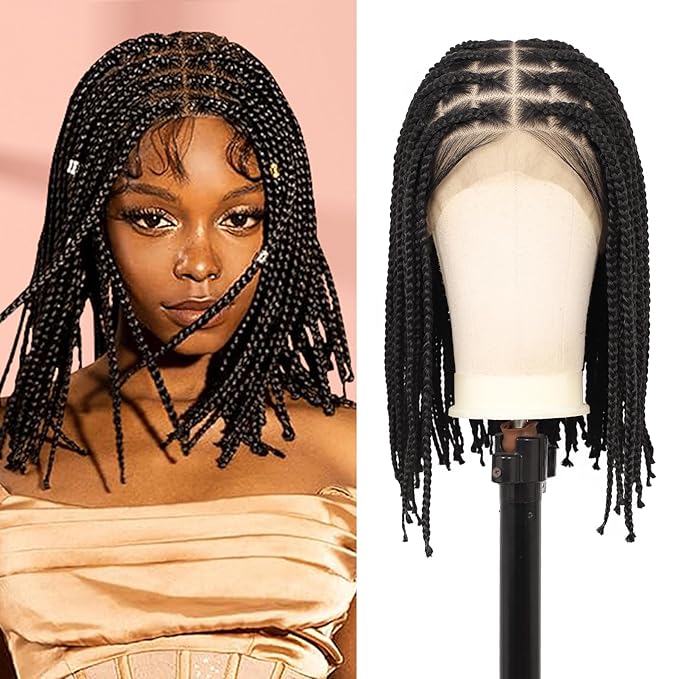 13x8 Inch HD Lace Front Short Knotless Braided Wigs For Women 360° Full Lace Braid Wig With Baby Hair 14" Black Human Hair Blended Bob Braid Lace Front Wigs