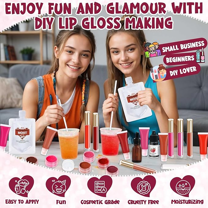 JCOOS Diy Lip Gloss Kit, Lip Gloss Making Kit, LipGloss Making Kit Make Your Own Lip Gloss Making Supplies, Shimmery LipGloss Base, Empty Tubes, Jojoba Oil, Women Teen Girl Gifts Trendy Stuff