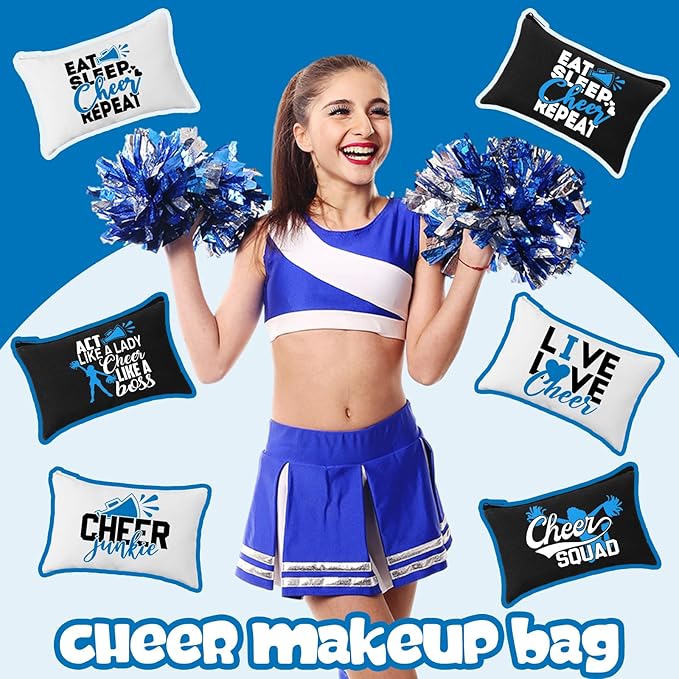 Pinkunn 20 Pcs Cheer Makeup Bags Bulk Cheerleader Gifts for Women Canvas Cheer Cosmetic Pouch Toiletry Zipper Makeup Case Cheerleading Portable Travel Pouch Team Accessories(Blue)