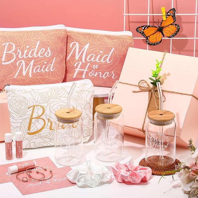 54 Pcs Bridesmaid Proposal Gifts Bridesmaid Box Set Include Bridal Shower Gift Box Makeup Bag Invited Card Glass Cup Lip Balm Scrunchie Hair Knotted Bracelet for Maid of Honor(Pink, White)