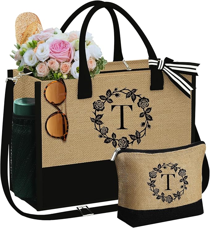 YOOLIFE Mothers Day Gifts - Initial Jute Tote Bag & Makeup Bag, Personalized Gifts for Women Mom Wife Teacher Friend Birthday