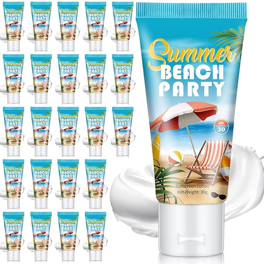 24 Pcs Mini Sunscreen Bulk for Summer Wedding Party Spf 30 Water Resistant Sunscreen Lotion Bulk 1oz Travel Size for Thank You Gifts Wedding Party Supplies(White Cream,Beach)