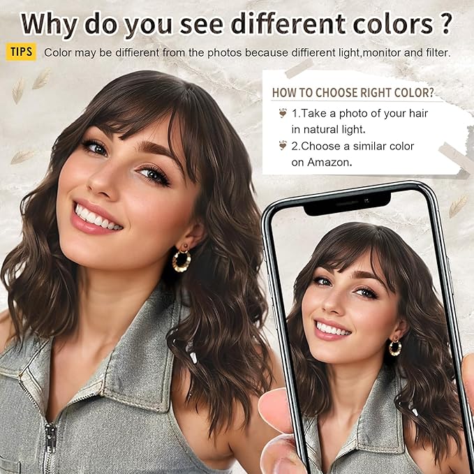 AISI HAIR Natural Brown Synthetic Curly Wavy Bob Wig with Bangs for Women, 21-23 Inches