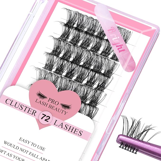 Cluster Lashes, 72 Pcs Individual Lashes, Lash Clusters DIY Eyelash Extension, Super Thin Band Reusable Soft & Comfortable (Bright-D-14mm)