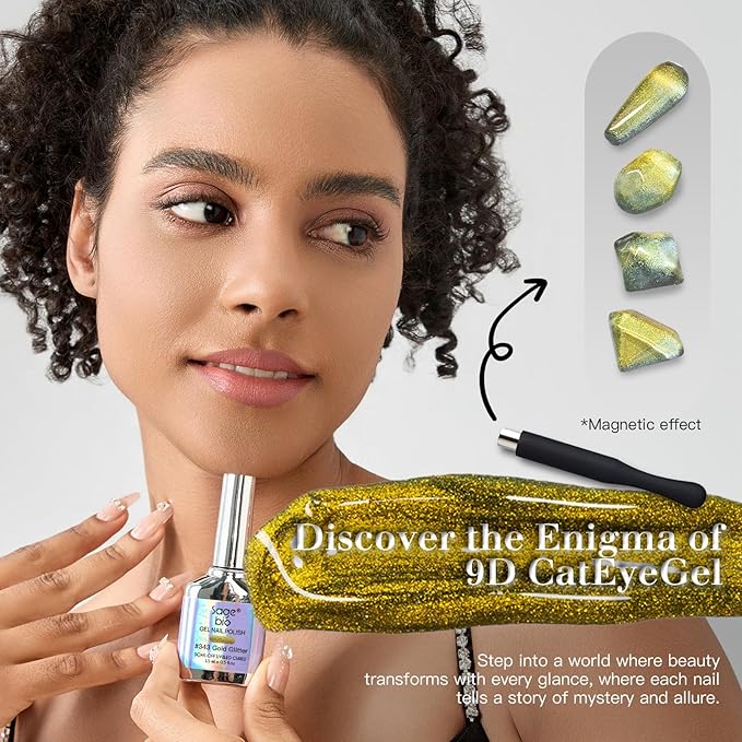 9D Cat Eye Gel Nail Polish Set, 15ml Black Gel + 15ml Gold Glitter Cat Eye Gel, Includes Silicone Handle Cylinder Magnetic Stick for Mesmerizing 9D Effects
