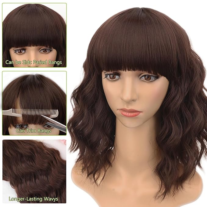 AISI HAIR Chocolate Brown Synthetic Wavy Curly Bob Wig with Bangs Short Wavy Hair for Women Synthetic Heat Resistant Bob Wigs