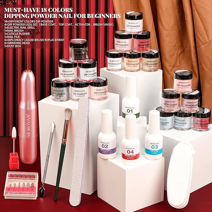 Morovan Dip Powder Nail Kit: Starter Kit 54pcs Nails Dipping Powder Set 18 Colors with Electric Nail Drill