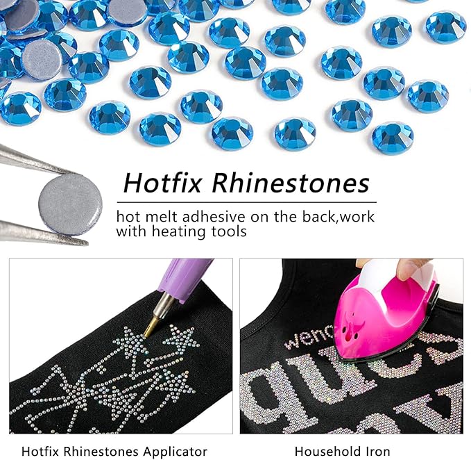Beadsland Hotfix Rhinestones Bulk, 14400PCS Crystal Hot Fix Rhinestones for Crafts Clothes DIY Decoration, Capri Blue, SS10, 2.7-2.9mm